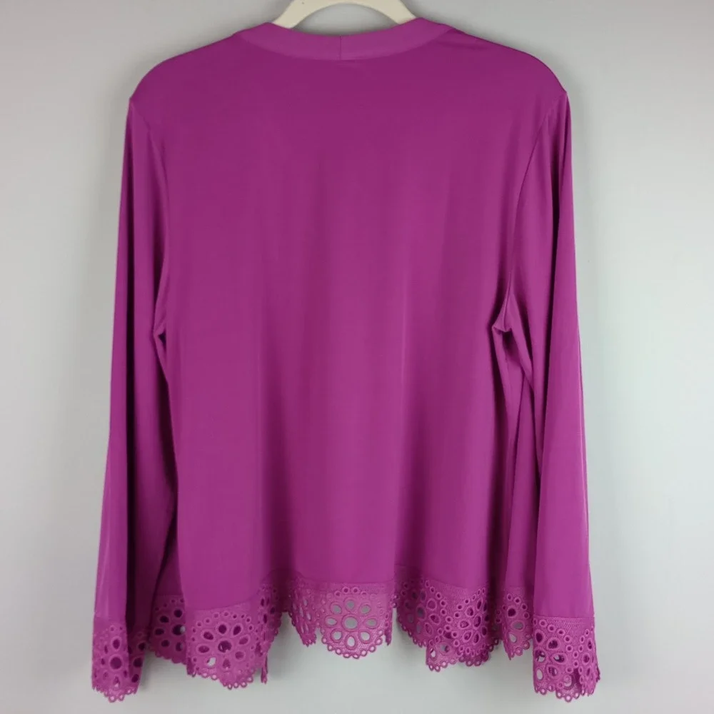 Susan Graver Womens L Purple Eyelet Trim Open Front Lightweight Cardigan
